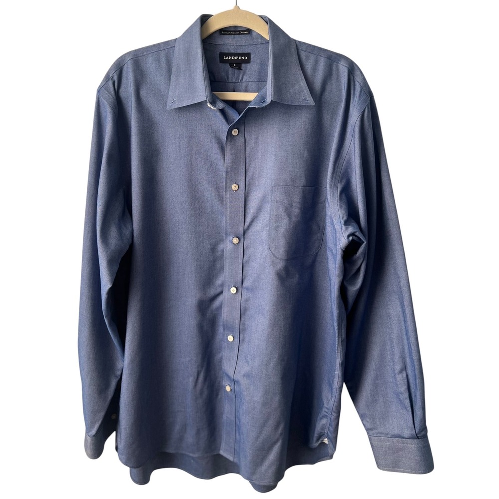 Lands End Supima Cotton Oxford Shirt Blue No Iron Traditional Fit Large 16-16.5
